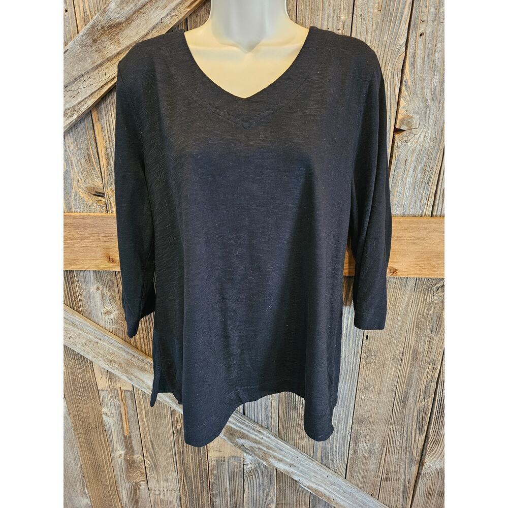 Chicos size 2 (large) black slub popover Career Casual top EUC v neck ^